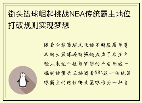 街头篮球崛起挑战NBA传统霸主地位 打破规则实现梦想
