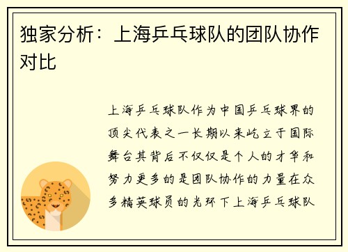 独家分析：上海乒乓球队的团队协作对比
