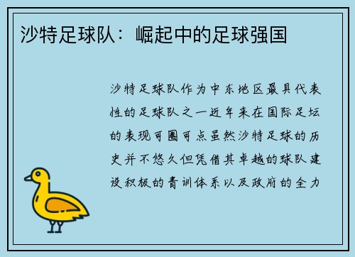 沙特足球队：崛起中的足球强国