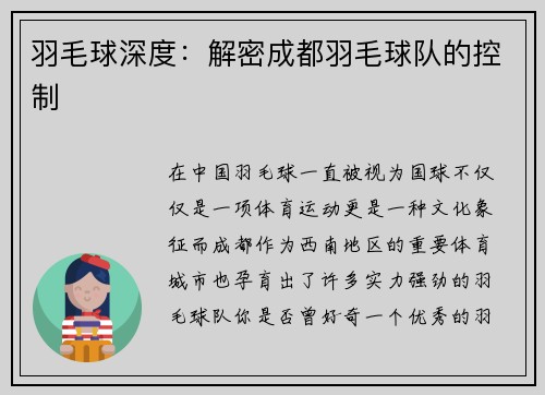羽毛球深度：解密成都羽毛球队的控制