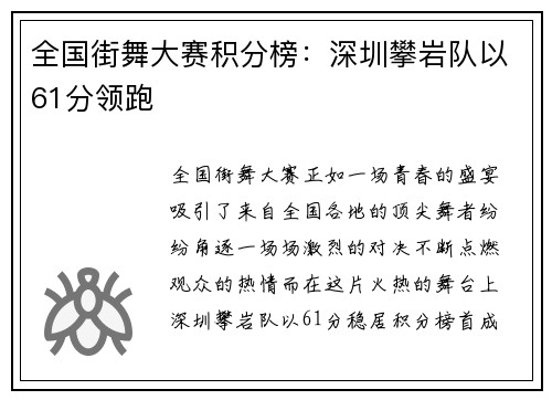 全国街舞大赛积分榜：深圳攀岩队以61分领跑