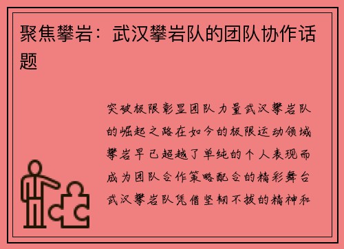 聚焦攀岩：武汉攀岩队的团队协作话题