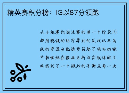 精英赛积分榜：IG以87分领跑